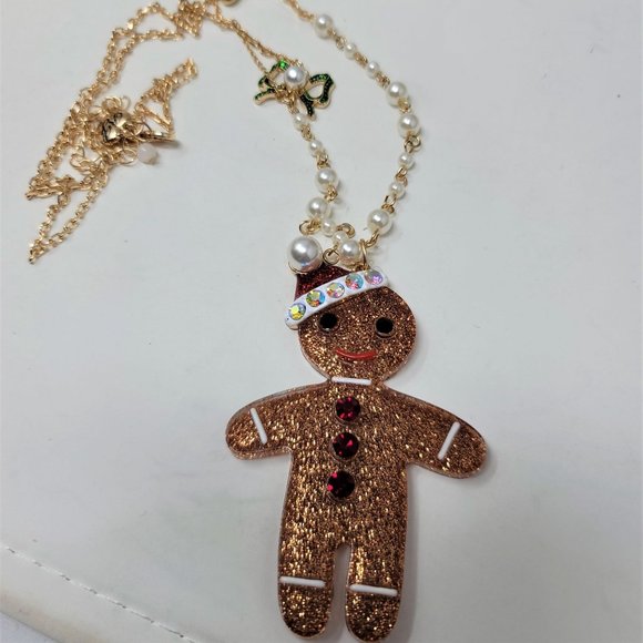 Betsey Johnson GingerBread Man Necklace w Rhinestones NWOT - Picture 1 of 11